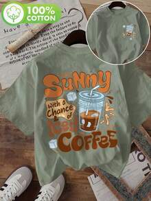[Impresión a doble cara] Top de moda para mujer, ropa de verano para mujer, estilo americano, color café, estampado con la palabra Sunny, cuello redondo, camiseta de manga corta de algodón puro, cómoda y suave, camiseta de algodón para uso diario. - Albaricoque - Ver 8