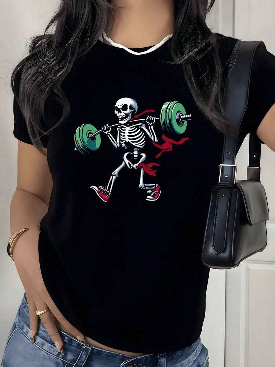 Weightlifting Graphic Print T-Shirt, 180g, 1 Piece, For Gym, Training, Casual For Women, 100% Cotton, Urban Clothing, Summer Short Sleeve Top - 黑色 - 查看 1