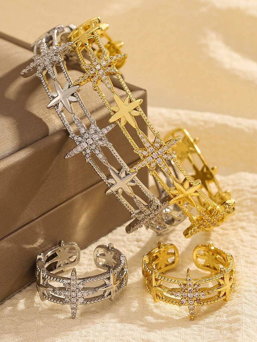 2pcs Fashionable & Elegant Gold/Silver Circular Cubic Zirconia Adjustable Star Bangle & Ring Set, Suitable For Women's Daily Wear, Dates, Parties - Gold - View 1