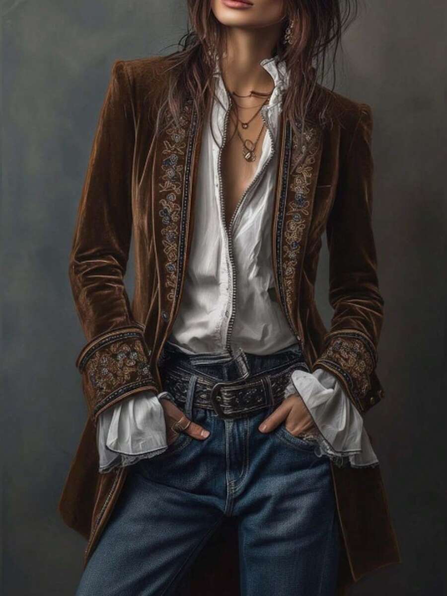 Chaqueta de terciopelo dorado 2026 estilo europeo americano, manga larga, color liso con bordes encaje y diseño combinado - Camel - Ver 1
