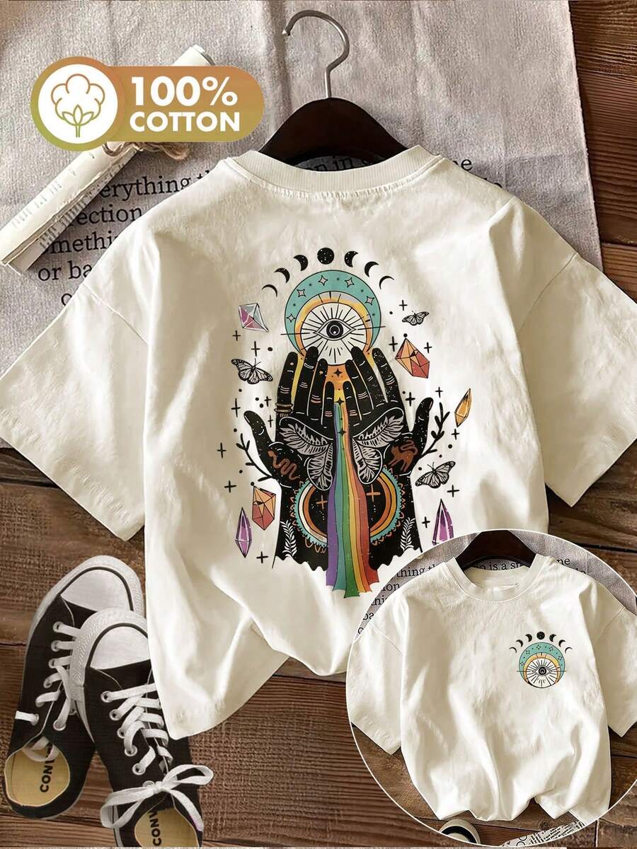 [Double-Sided Printing] Women's Summer T-Shirt, Mysterious Style, Palm, Crystal And Butterfly Print, Pure Cotton, Casual Daily Wear, Round Neck, Short Sleeve T-Shirt, Comfortable And Soft, Cotton T-Shirt For Daily Wear. - 杏色 - 查看 1