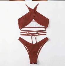 Nuevo bikini sexy de dos piezas con tiras cruzadas y tela ondulada multicolor, traje de baño moderno para mujer. - marrón - Ver 12