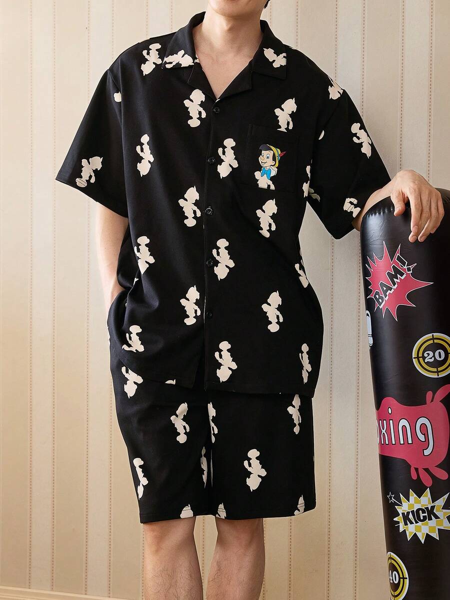 Gongdie Disney 迪士尼男士睡衣套装两件套,夏季短袖睡衣套装,印花睡衣,可爱卡通口袋细节休闲家居服 - 黑色 - 查看 1