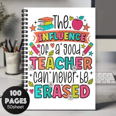 1pc Colorful, Bright Teacher Appreciation Spiral Notebook - "The Impact Of A Great Teacher Lasts Forever", 100 Pages With Vibrant Icons, Teacher Gift, Durable Notebook, Educational Supplies, Fun Design, Sturdy Cover, Inspirational, Teacher Appreciation Gift