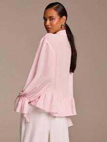 Camisa de manga larga con volantes rosa para mujer con pañuelo de gasa anudado, blusa elegante y casual de estilo romántico bohemio con volantes transparentes - Gris - Ver 2