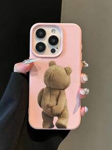 1pc Pink Lychee Texture Matte Lens Protection Back Phone Case With Shy Bear Pattern, Suitable For IPhone 16 Pro Max, 17/16/15/14 Plus, 13/12/11, Air - Multicolor - View 2