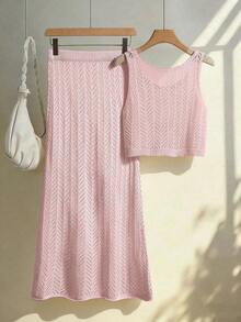 Conjunto de 2 piezas de mujer, cómodo, casual y elegante, de unicolor acanalado con diseño hueco, top de tirantes y falda larga, adecuado para resort, playa, verano, primavera en color rosa - Blanco - Ver 4