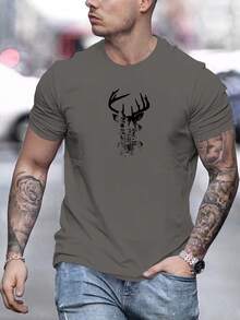 Camiseta Casual de Verano para Hombre con Estampado de Cabeza de Ciervo, Manga Corta y Cuello Redondo - Verde oscuro - Ver 10
