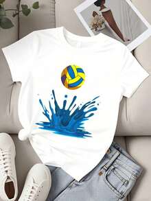 Women's Fashionable Volleyball Splash Design T-Shirt, Summer Casual Wear, Beach Sports Outfit, Lightweight And Comfortable Top For An Active Lifestyle - 白色 - 查看 4