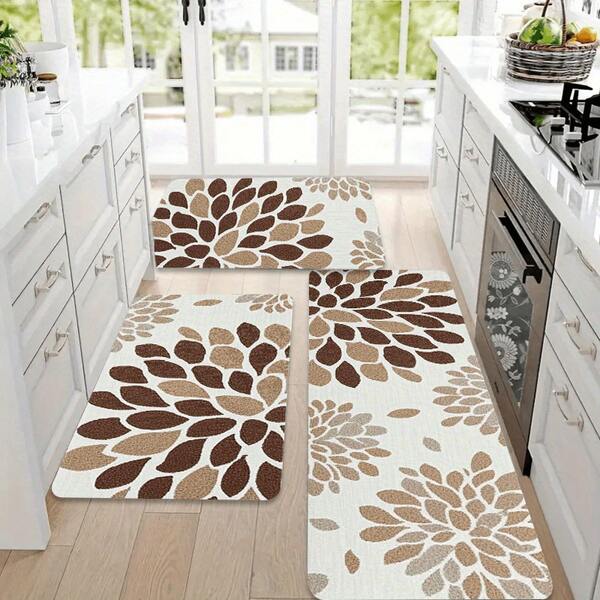 Juego de 2/3 alfombrillas de cocina, alfombra con patrón de diamantes florales marrones, multifuncional, suave, cómoda, de secado rápido, fácil de limpiar, alfombra de microfibra lavable de uso múltiple, felpudo de estilo europeo lujoso - antideslizante, absorbente de agua, grueso y suave