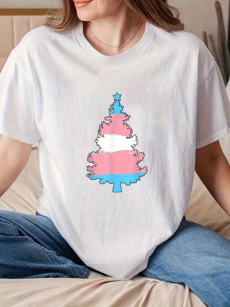 100% algodón, camiseta de mujer, camiseta unisex con estampado de la bandera transgénero y árbol de Navidad, cuello redondo, para celebraciones navideñas, fiestas y como idea de regalo, lavable, ropa casual para la vida diaria y eventos. - Blanco - Ver 1