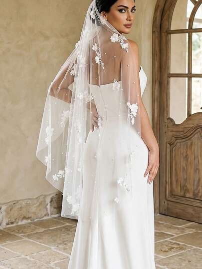 1pc Exquisite 3D Floral Bridal Veil, High-Quality Soft Tulle Wedding Accessory