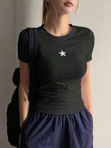 Nuevos productos de la temporada Casual T-shirts for Women Camiseta conmemorativa Camiseta divertida Oferta limitada en tiempo limitado  Camiseta de mujer con estampado de estrella de manga corta estilo Y2K XSR0 - Negro - Ver 10