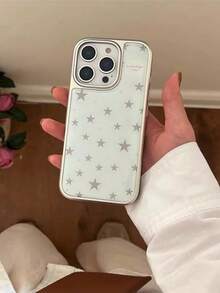 Ốp lưng điện thoại cao cấp màu xanh nền xám họa tiết sao cho iPhone 17 ProMax 16ProMax 15 14 13, bề mặt nhẵn bóng, phong cách dễ thương, ốp bảo vệ điện thoại nữ, Thu/Đông - Màu xanh nhạt - Xem 2