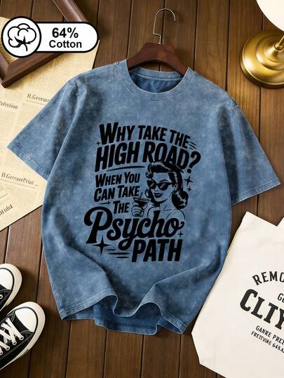 Plus-Size Women's T-Shirt Stylish, Casual, And Commute-Friendly Summer Top Letter Print Design Vintage Washed Crew Neck Women's Outing Wear