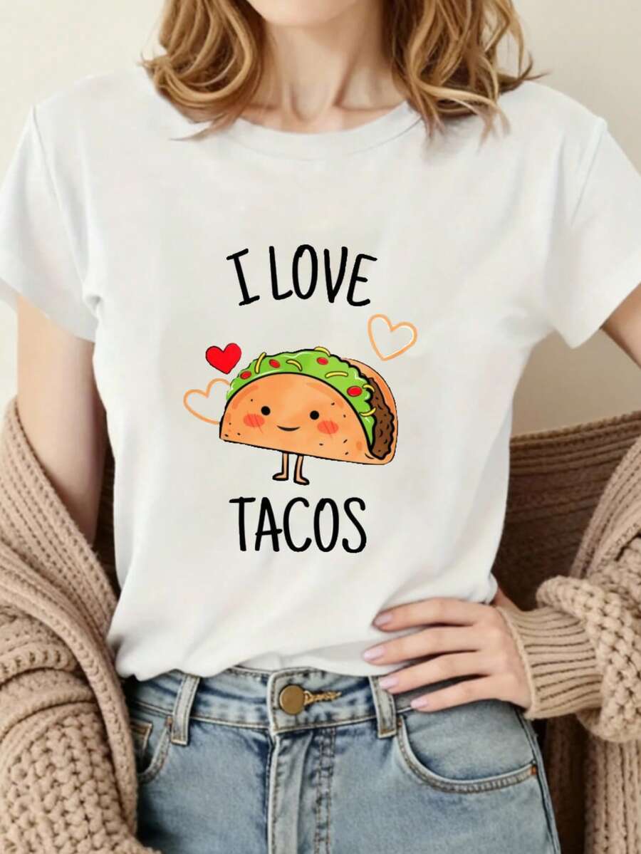 Women's Soft Cotton T-Shirt With "I Love Tacos" Heart Design – Fun Gift For Food Lovers – Casual Wear For Women And Girls – Ideal For All Seasons – Sizes S, M, L, XL - 白色 - 查看 1
