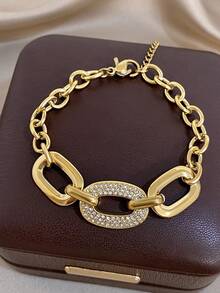 1Pc 18K Gold Plated Luxury Elegant Stainless Steel Link Clasp Bracelet For Women – Graduated Cuban Chain With Center Cubic Zirconia Clasp, Summer Bohemia Beach Jewelry, Vacation Season, Gifts For Mom, For Daily Party Dates Gala Wedding Valentine Anniversary Music Festival Christmas, Dates, Easter Day - Multicolor - View 7