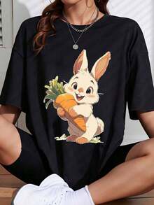 Camiseta con Estampado de Conejito de Dibujos Animados, Diseño de Conejo de Pascua Sosteniendo una Zanahoria, Ropa Casual para Mujeres y Niñas, Atuendo de Primavera Verano Adecuado como regalo.playera de mujer.blusas>elegante.boho chic,Top de mujer suave, transpirable y cómodo, ideal para primavera, verano y otoño, perfecto para vacaciones, viajes y uso diario. - Negro - Ver 7
