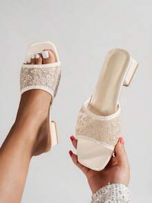 NANBEI ZUO Women's Lace Mesh Square Toe Chunky Heel Mule Sandals, Suitable For Bridesmaids, Parties, Dates, Low Heel, Eid Al-Adha Gift - Beige - View 5