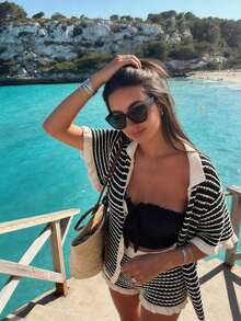 Conjunto de 2 piezas para mujer Senya: Blusón suelto a rayas con escote en V y hombros descubiertos, de manga corta y ganchillo como traje de baño, y shorts a rayas rosa con cintura elástica, conjunto de punto para primavera/verano, adecuado para ir al trabajo, vacaciones casuales, playa, fiestas de solteros y fiestas en la piscina - Gris - Ver 11