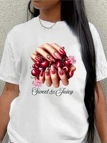 Camiseta de manga corta de poliéster, con un estampado de cerezas dulces y jugosas, adecuada para uso casual en casa o en una cafetería, ligera y duradera, con estampados brillantes, cómoda de llevar. - Blanco - Ver 1