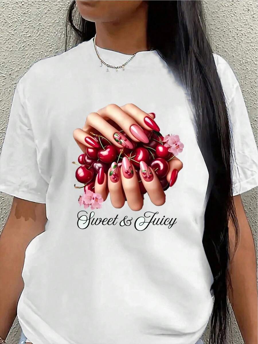 Camiseta de manga corta de poliéster, con un estampado de cerezas dulces y jugosas, adecuada para uso casual en casa o en una cafetería, ligera y duradera, con estampados brillantes, cómoda de llevar. - Blanco - Ver 1
