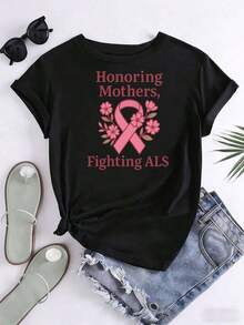 Oferta por tiempo limitado, cantidad limitada disponible,  relámpago, camisas de mujer, camisetas de mujer Un homenaje a las madres que luchan contra la ELA: la camiseta floral con lazo rosa tiene como objetivo concienciar y brindar apoyo a las pacientes con cáncer de mama. - Negro - Ver 3