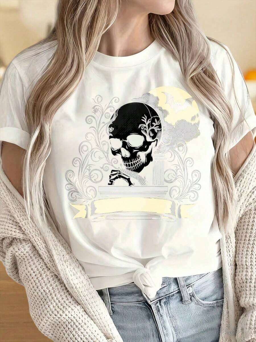 Camisetas para Mujer y Hombre con Cuello Redondo y Mangas Cortas, Diseño Gótico de Calavera y Lágrima, Camiseta para Mujer, Top de Disfraz de Halloween, Camiseta Gráfica Negra de Cuello Redondo, Ropa de Moda, Estampados Divertidos Ideales para Fiestas de Navidad, Actividades Deportivas, Fiestas de Fin de Año, Salidas, Deportes y Otros Regalos Festivos. - Blanco - Ver 1