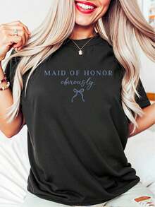 Premium Quality Unisex Casual T-Shirts, Oversized Style For Women, Bridesmaid Gift, Bridesmaid Bow T-Shirt, Bridesmaid Gift, Loose Fit T-Shirt For Women, Perfect For Parties Or As A Gift, Soft And Comfortable. - 黑色 - 查看 6