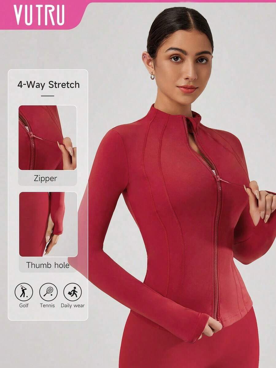 2026 VUTRU Women's Slim Fit Sports Jacket With Thumbholes And High Collar, Spring - Redwood - View 1