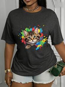 Suave, transpirable y ligera para comodidad durante todo el día. Camiseta de manga corta con cuello redondo y estampado de un lindo diseño de gato.Este elegante y versátil top es adecuado para todas las estaciones; presenta un diseño casual de cuello redondo y está hecho de un tejido suave y elástico.Cuello redondo clásico con un corte relajado que favorece todas las formas del cuerpo y es fácil de combinar con jeans, pantalones cortos y leggings. - Blanco - Ver 9