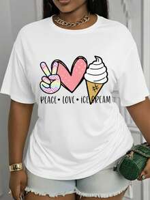 Suave, transpirable y ligera para comodidad durante todo el día. Camiseta casual de cuello redondo para primavera/verano, estampada con las palabras "Peace, Love, Ice Cream".Lavable a máquina.Prendas elegantes para combinar, adecuadas para vacaciones y ocasiones especiales.Elegante y versátil, confeccionado con un tejido cómodo, adecuado para el uso estacional. Cuello redondo clásico con un corte relajado que favorece todas las formas del cuerpo y es fácil de combinar con jeans, pantalones cortos y leggings. - Negro - Ver 8