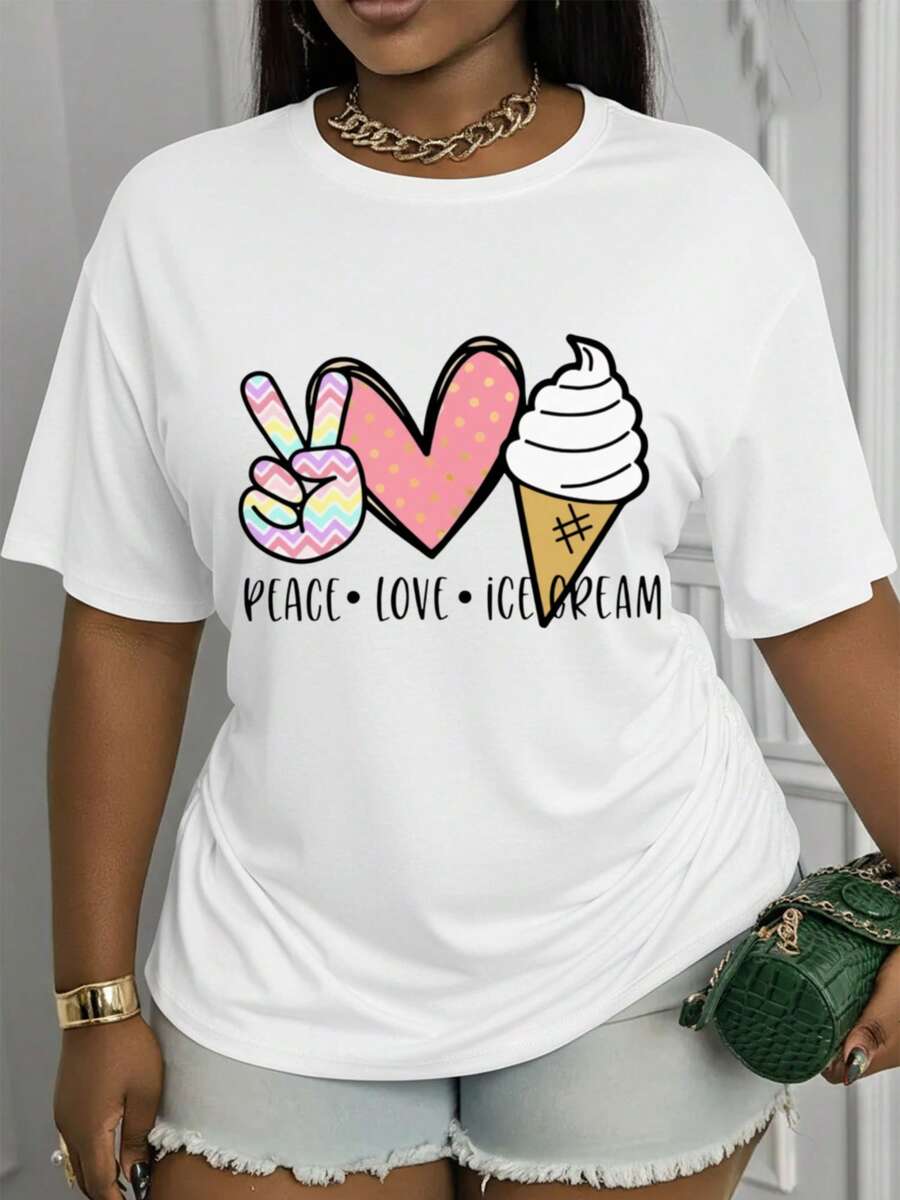 Suave, transpirable y ligera para comodidad durante todo el día. Camiseta casual de cuello redondo para primavera/verano, estampada con las palabras "Peace, Love, Ice Cream".Lavable a máquina.Prendas elegantes para combinar, adecuadas para vacaciones y ocasiones especiales.Elegante y versátil, confeccionado con un tejido cómodo, adecuado para el uso estacional. Cuello redondo clásico con un corte relajado que favorece todas las formas del cuerpo y es fácil de combinar con jeans, pantalones cortos y leggings. - Blanco - Ver 1