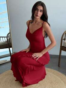 xheAloruh Vestido ceñido con tirantes finos, cuello drapeado y volantes para una cita romántica, para mujer. Vestidos de primavera/verano, regalo del Día de San Valentín, cita nocturna de San Valentín, "Sé mi Valentín", propuestaxhe - Rojo - Ver 5