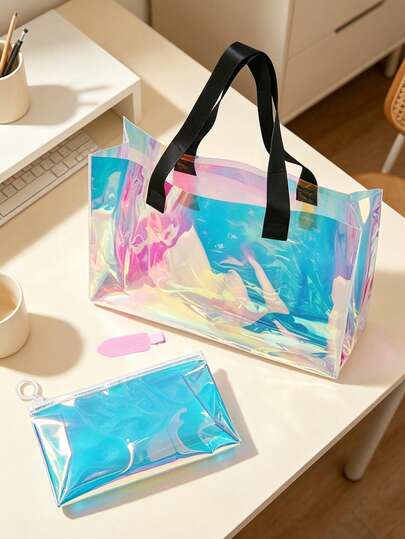 2pcs/Set Tote Bag & Zipper Pouch, Iridescent PVC Beach Tote With Matching Makeup Bag, Waterproof Transparent Shoulder Bag For Women, Large Capacity See-Through Tote For Beach, Pool, Vacation & Daily Use, Ideal For Storing Swimwear, Towels, Cosmetics & Essentials, Suitable For Summer Lovers, Travelers & Festival Goers, Perfect For Summer Holiday, Birthday & Bridesmaid Gifts, Versatile As Beach Tote, Travel Bag, Pool Bag & Festival Tote