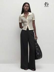 Suéter de punto con botones a rayas y cuello de solapa para mujer, blusa de punto para el trayecto urbano, atuendo casual de negocios, ropa elegante para mujer para la oficina, polo de vestir casual para mujer, blusas de verano para mujer - Albaricoque - Ver 2