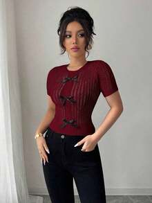 Blusa de mujer con tejido de cuerda hueco y decoración de mariposa, adecuada para la playa - Burdeos - Ver 5