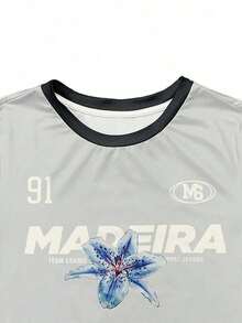 Camiseta corta de mujer con estampado de letras y ribete de contraste - Celeste - Ver 3