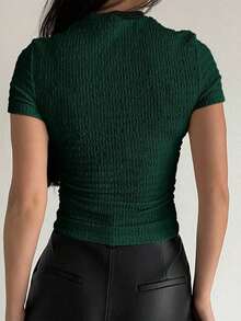 Parte superior de punto texturizada de cuello redondo con pliegues y manga corta, de color liso y ajustada, para mujer - Verde Oscuro - Ver 2