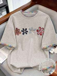 Camiseta de mujer de cuello redondo con bordado de conchas y estampado floral 3D - Multicolor 7 - Ver 3
