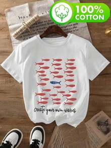 Camiseta 100% algodón puro de 180g, diseño pez rojo, azul.Camisa de Verano para Mujer con Cuello Redondo Relajado, Corte Holgado, Tacto Suave, Material Transpirable - Blanco - Ver 6