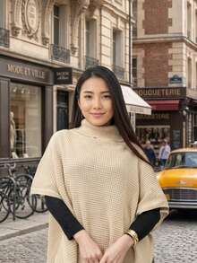 Women's High-Neck Knit Coat, Cape Style, Ideal For Autumn And Winter Looks, Perfect For The Blogger Style. High In The Front And Low In The Back. Pointelle Knit. - 杏色 - 查看 1