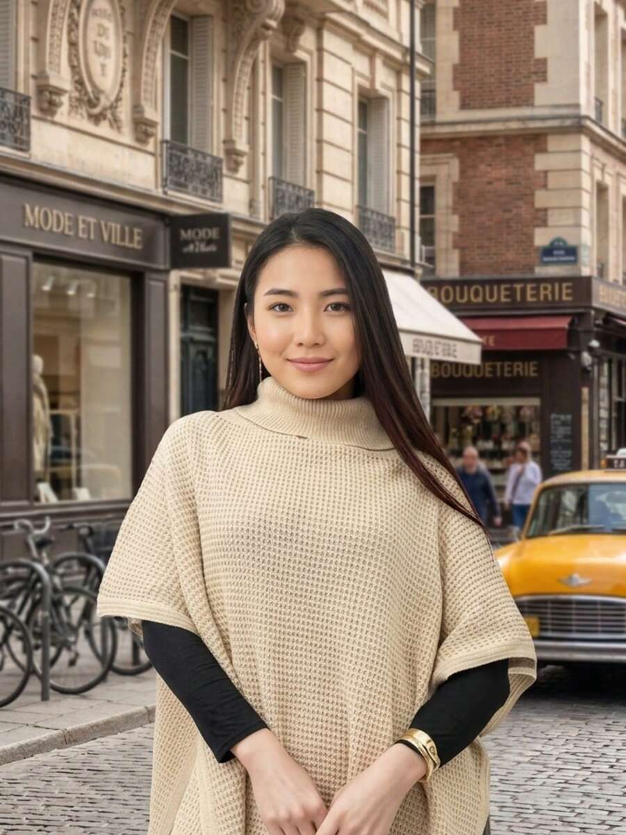 Women's High-Neck Knit Coat, Cape Style, Ideal For Autumn And Winter Looks, Perfect For The Blogger Style. High In The Front And Low In The Back. Pointelle Knit. - 杏色 - 查看 1
