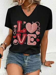 Camisetas Casuales de Manga Corta para Mujer LZ251102x415, Estampado Plano 2D para el Día de San Valentín, Estilo Versátil, Cuello en V para Mujer en Verano - Corte Holgado y Extragrande, Un Hermoso Regalo, Ropa de Tallas Grandes D2 95% Poliéster + 5% Elastano, Estampado Plano 2D - Negro - Ver 1