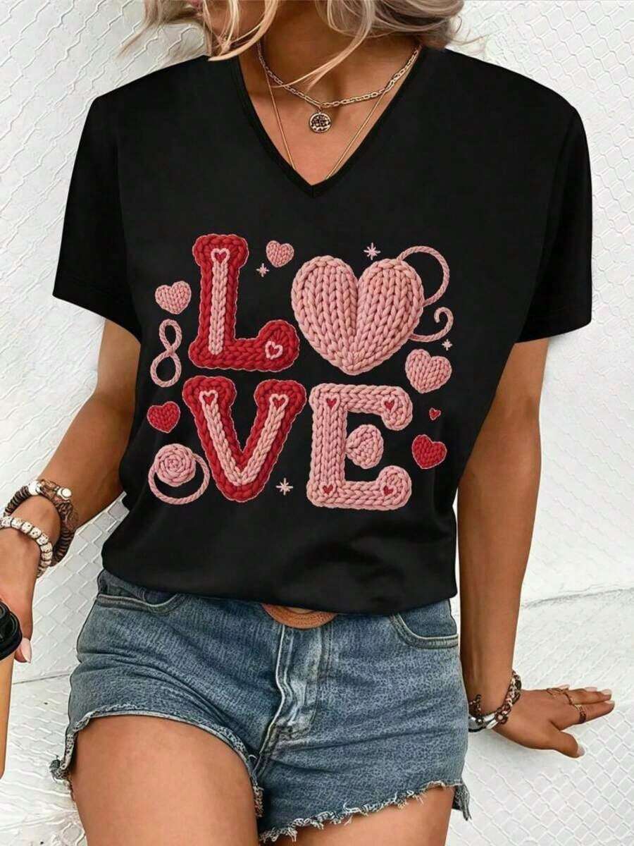 Camisetas Casuales de Manga Corta para Mujer LZ251102x415, Estampado Plano 2D para el Día de San Valentín, Estilo Versátil, Cuello en V para Mujer en Verano - Corte Holgado y Extragrande, Un Hermoso Regalo, Ropa de Tallas Grandes D2 95% Poliéster + 5% Elastano, Estampado Plano 2D - Negro - Ver 1