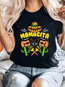 Camiseta 100% Algodón con Estampado de Sombrero Mamacita Cinco De Mayo Fiesta Mexicana para Hombre y Mujer, Cuello Redondo, para Verano, Top Suave de Manga Corta para Mujer, Camiseta Elegante y Cómoda para Mujer, Camisetas con EstampadosSuitable for spring, summer and autumn - Negro - Ver 6