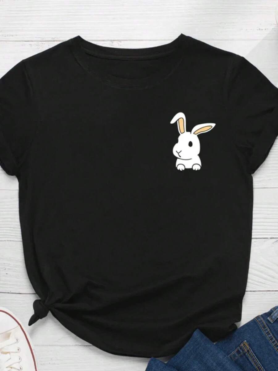 Women's T-Shirt With Bunny Print, Short Sleeve, Round Neck, Loose Fit, Women's T-Shirts, Clothing, Tops, Women's T-Shirts - 黑色 - 查看 1