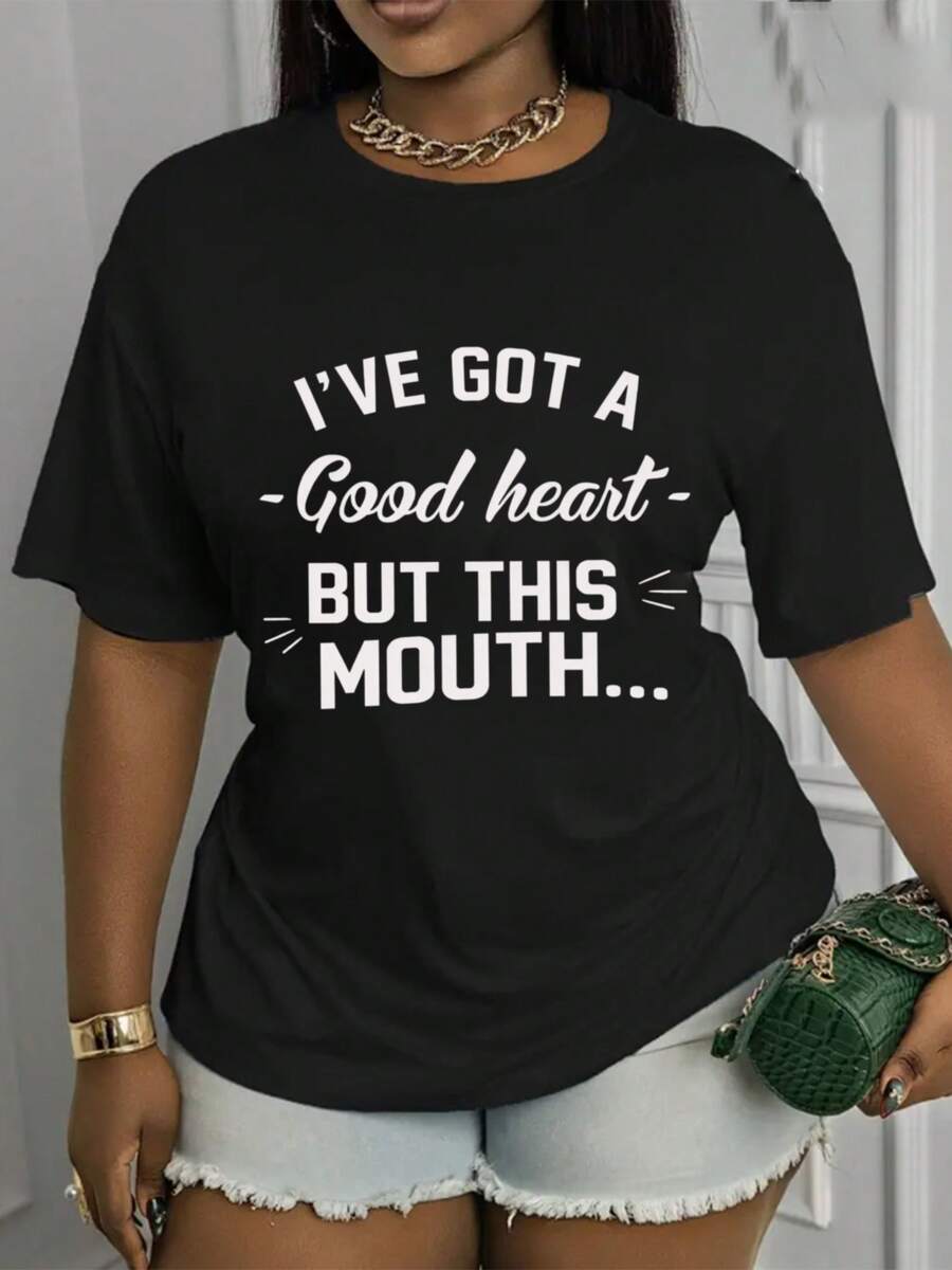 Soft, Breathable, And Lightweight For All-Day Comfort. This Fun Women's T-Shirt Features The Witty Phrase "I Have A Good Heart - But My Mouth..." It's A Casual, Short-Sleeved, Crew-Neck Tee With A Bold And Playful Print. The Lightweight Design Is Perfect For Casual Wear In Spring, Summer, And Fall, And It's Machine Washable, Making It A Wardrobe Essential. The Classic Crew Neck And Relaxed Fit Flatter All Body Types And Are Easy To Pair With Jeans, Shorts, And Leggings. - 黑色 - 查看 1