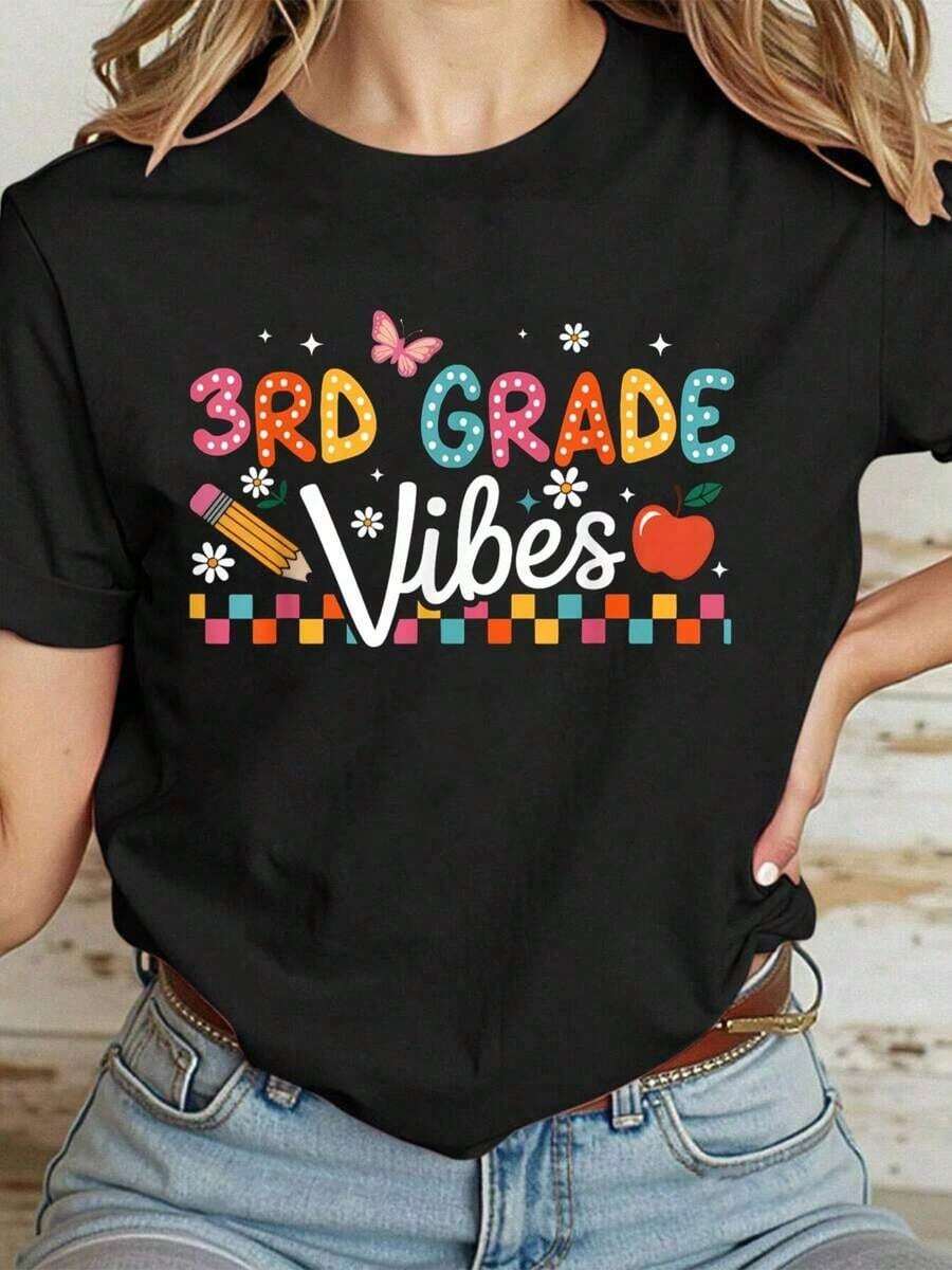 Camiseta Casual 100% Algodón para Mujer, Estilo de Regreso a la Escuela, Primer Día de 3er Grado - Negro - Ver 1