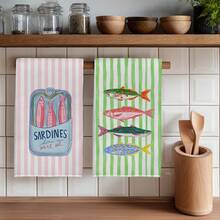 2pcs Kitchen Towels With Striped Sardine Can Pattern, Super Soft Microfiber Kitchen Towels, Dish Cloths, Perfect Housewarming And Family Gathering Gift, Kitchen Dish Cloths And Towels, Holiday Home Decor - Baby Pink - View 2